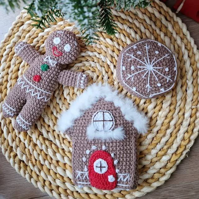 Handmade crochet gingerbread house and gingerbread figures